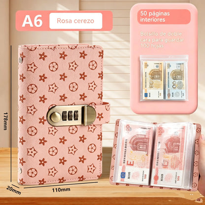 Organizador seguro con cerradura: libro para ahorrar dinero con 50 bolsillos internos para billetes y recibos.