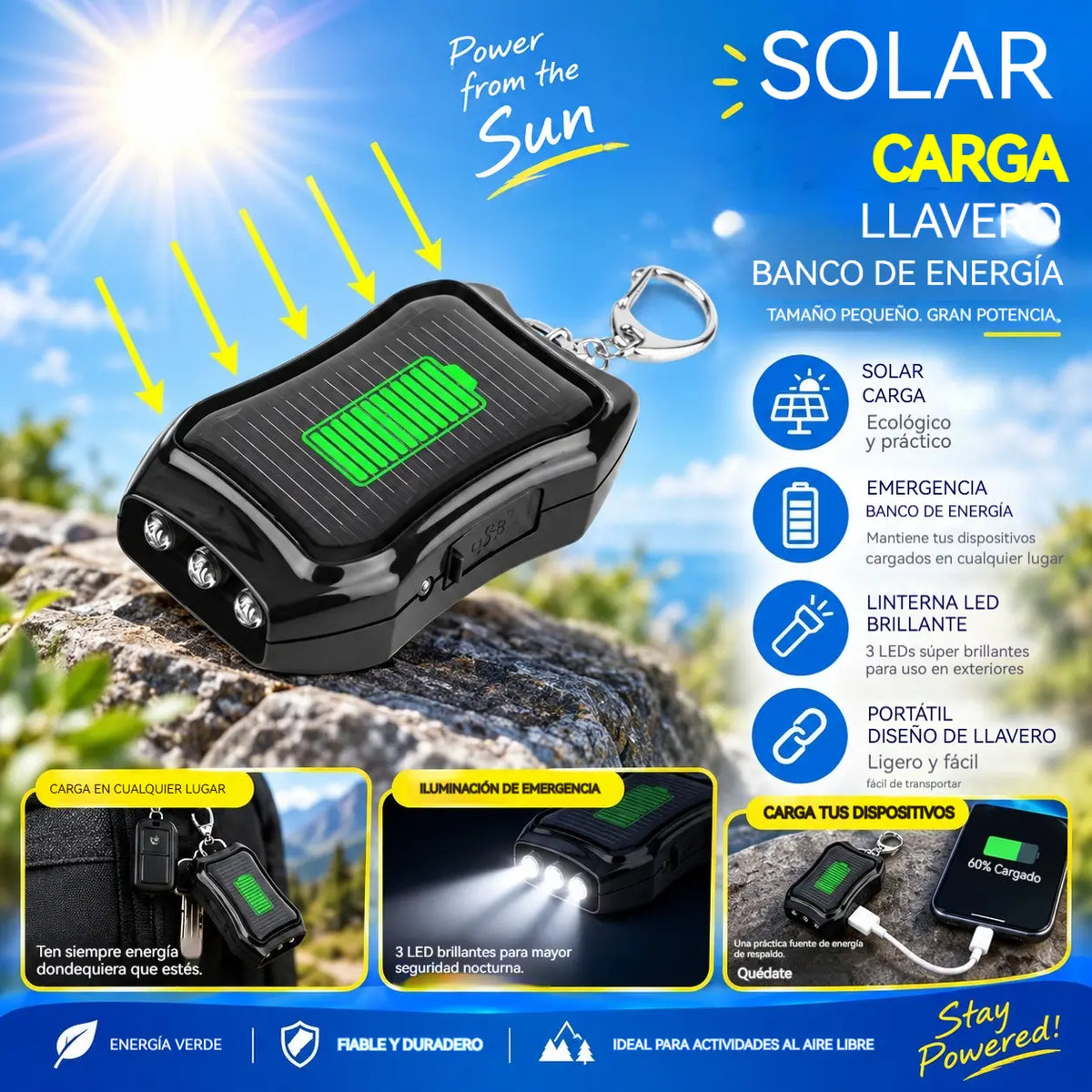 Llavero cargador portátil solar de 1200 mAh con linterna: ideal como fuente de energía de emergencia para acampadas y senderismo al aire libre.