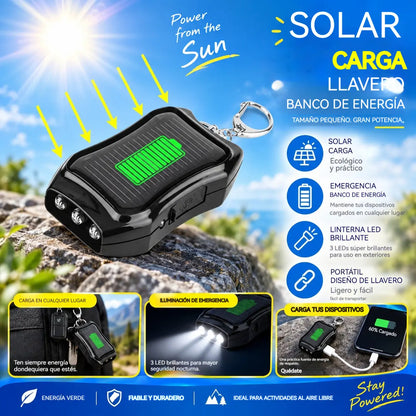 Llavero cargador portátil solar de 1200 mAh con linterna: ideal como fuente de energía de emergencia para acampadas y senderismo al aire libre.
