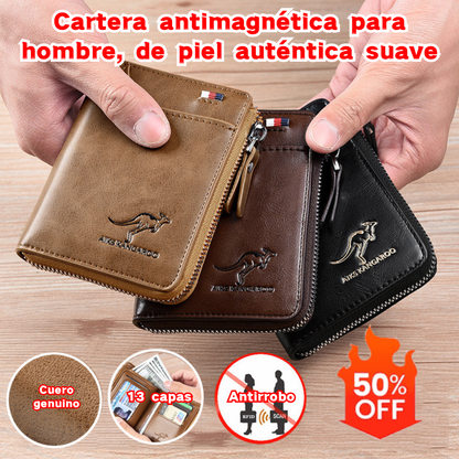 Cartera antimagnética para hombre, de cuero suave y gran capacidad