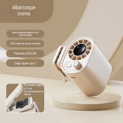 🌀 Ventilador manos libres con pantalla LED, clip integrado y 100 niveles de ajuste