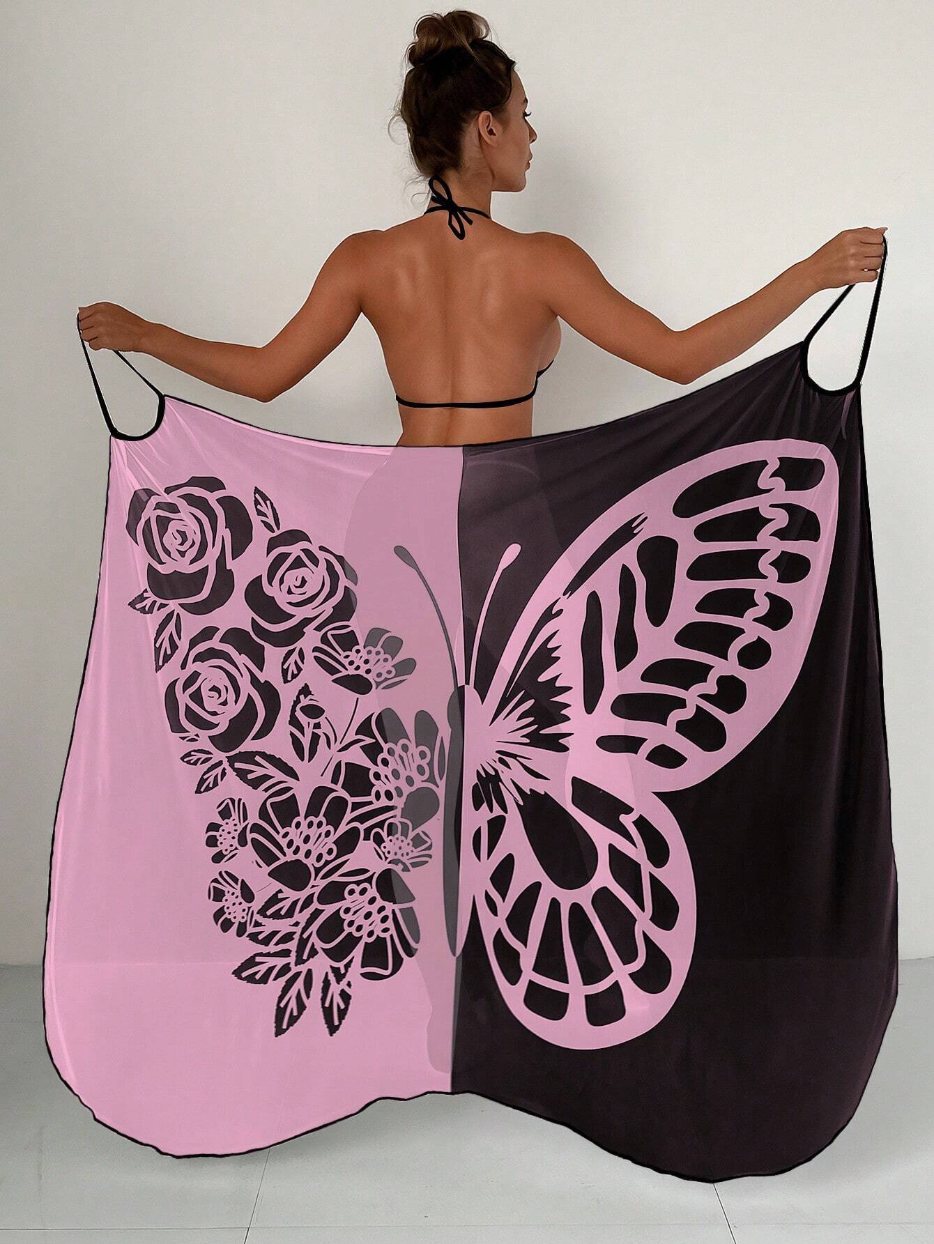🦋🦋Vestido tipo chal con protector solar de playa de malla con estampado de mariposas