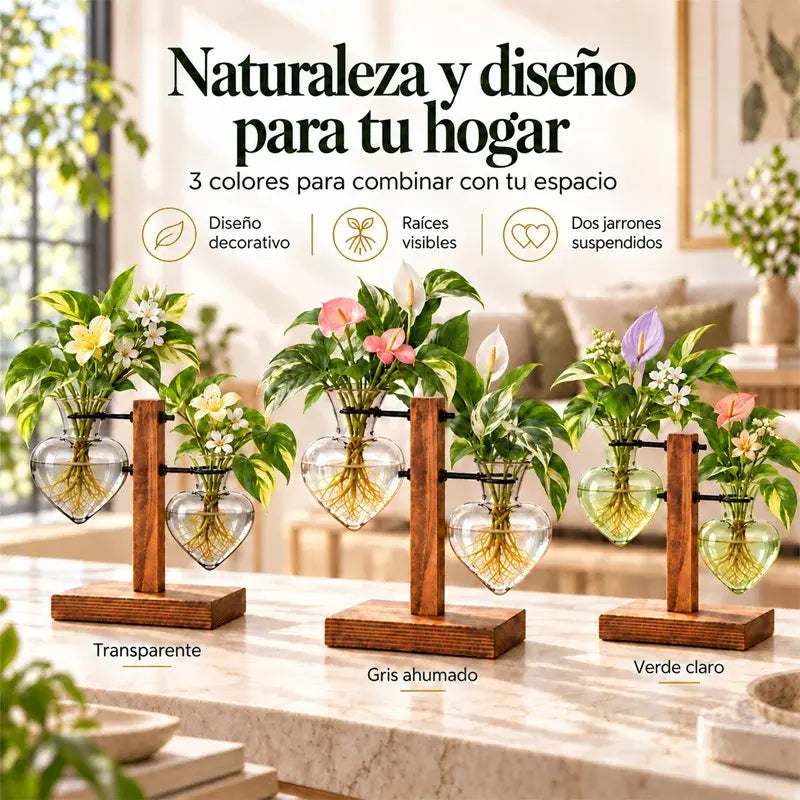 🌿🏡 Mini Jarrón de Cristal con Soporte de Madera | Florero Transparente para Plantas Hidropónicas, Flores y Decoración del Hogar