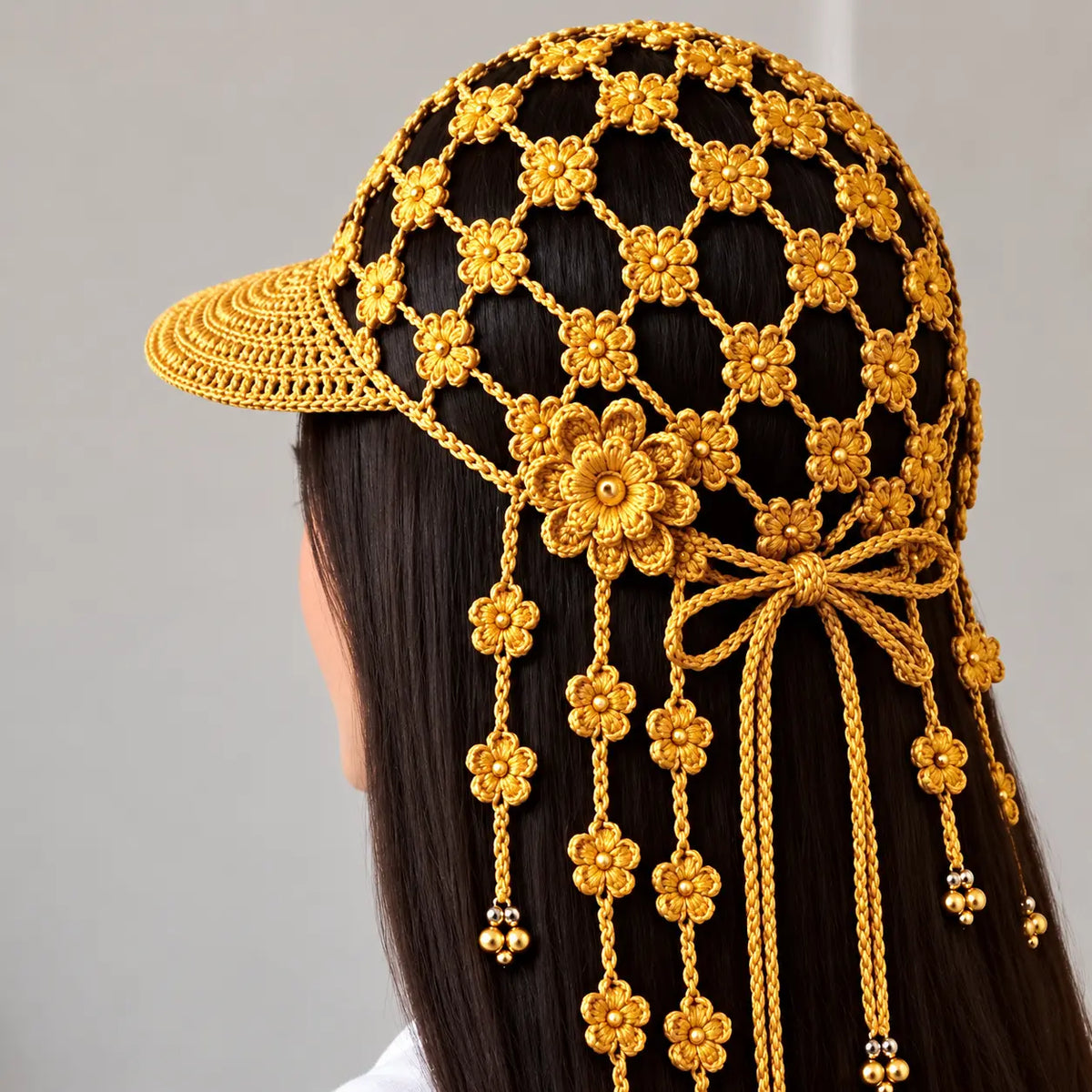 🌻🧶 Gorra de Ganchillo con Girasol para Mujer | Gorra Boho Calada de Verano con Borlas Decorativas
