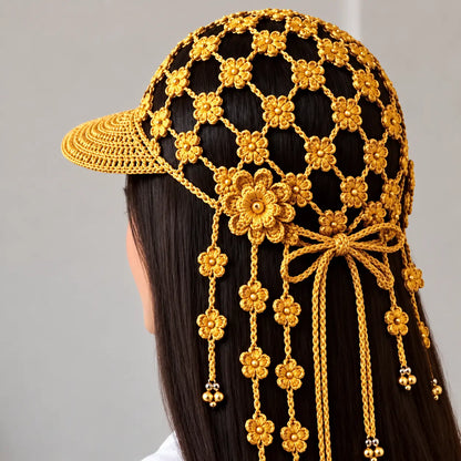 🌻🧶 Gorra de Ganchillo con Girasol para Mujer | Gorra Boho Calada de Verano con Borlas Decorativas