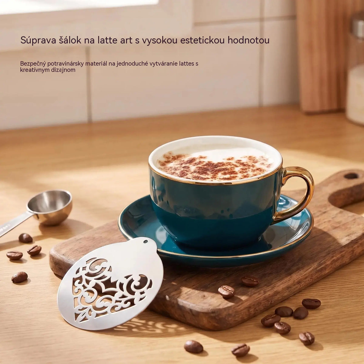 ☕✨ Sada 5 šablón na latte art z nerezovej ocele 304 – 5 kusov, opakovane použiteľné, vhodné na kávu aj dezerty.