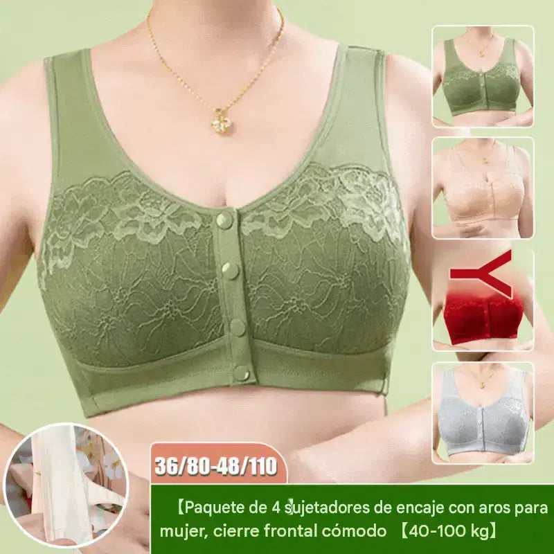 【Set de 3 piezas】【40-100 kg】Sujetador de encaje sin aros para mujer, cómodo cierre frontal