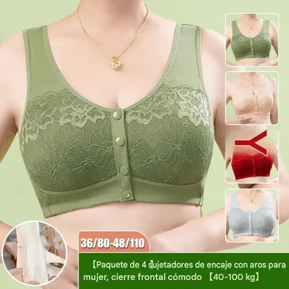 【Set de 3 piezas】【40-100 kg】Sujetador de encaje sin aros para mujer, cómodo cierre frontal