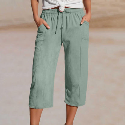 🌸【S-3XL】Pantalones capri plisados de algodón y lino de color liso