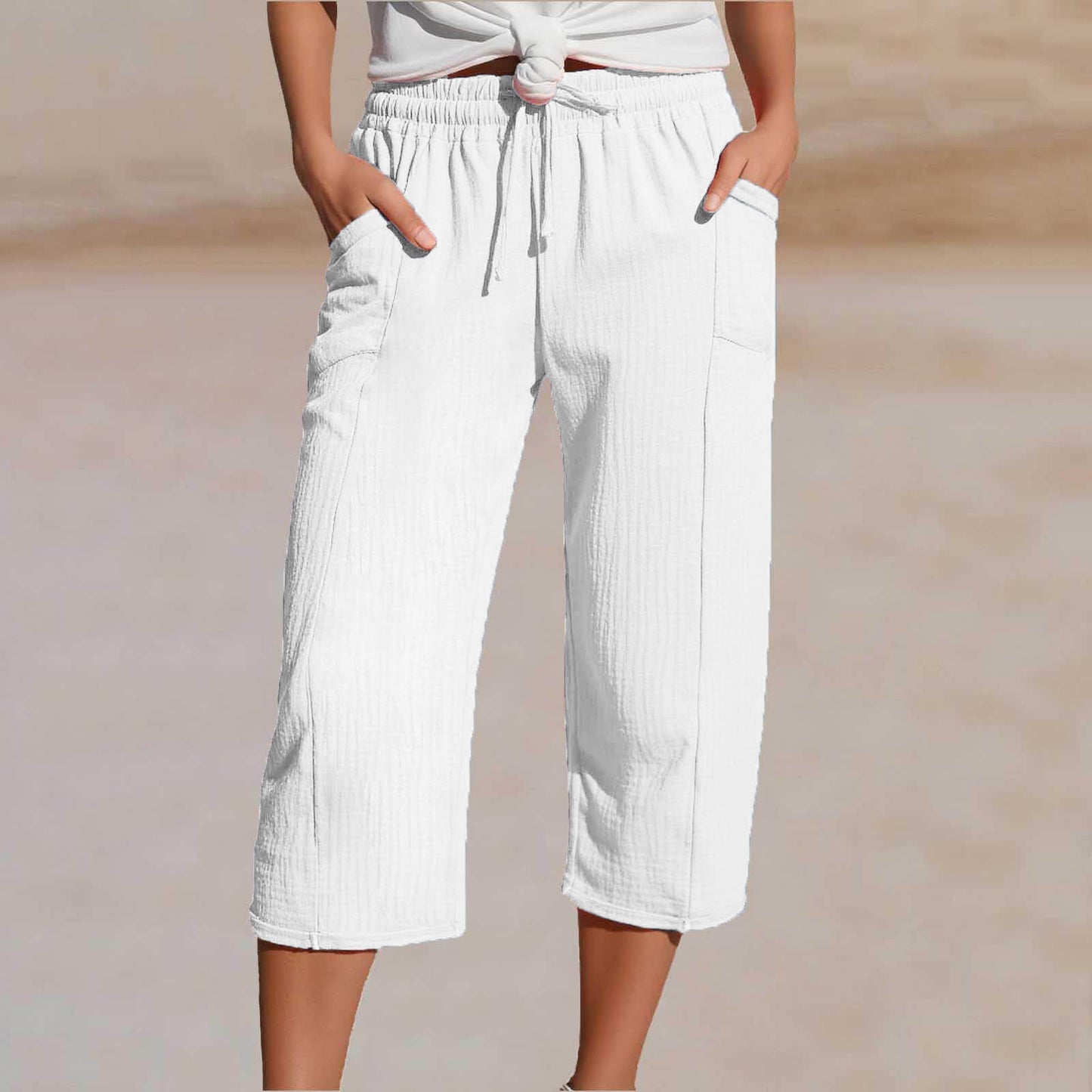 🌸【S-3XL】Pantalones capri plisados de algodón y lino de color liso