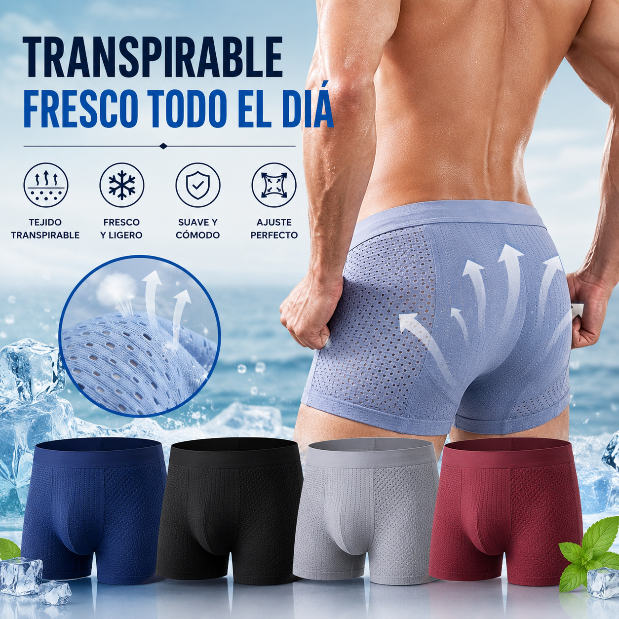 🔥【4 piezas】🧊Calzoncillos bóxer de malla transpirable y cómodos para hombre