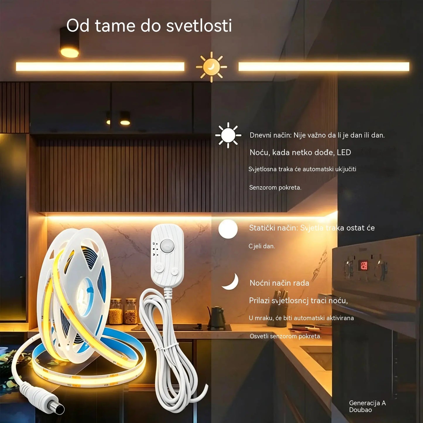 【2M】LED svjetlosna traka s pametnim senzorom i automatskim sustavom osvjetljenja, s USB ljepilom, idealna za kuhinje, spavaće sobe i stepenice.