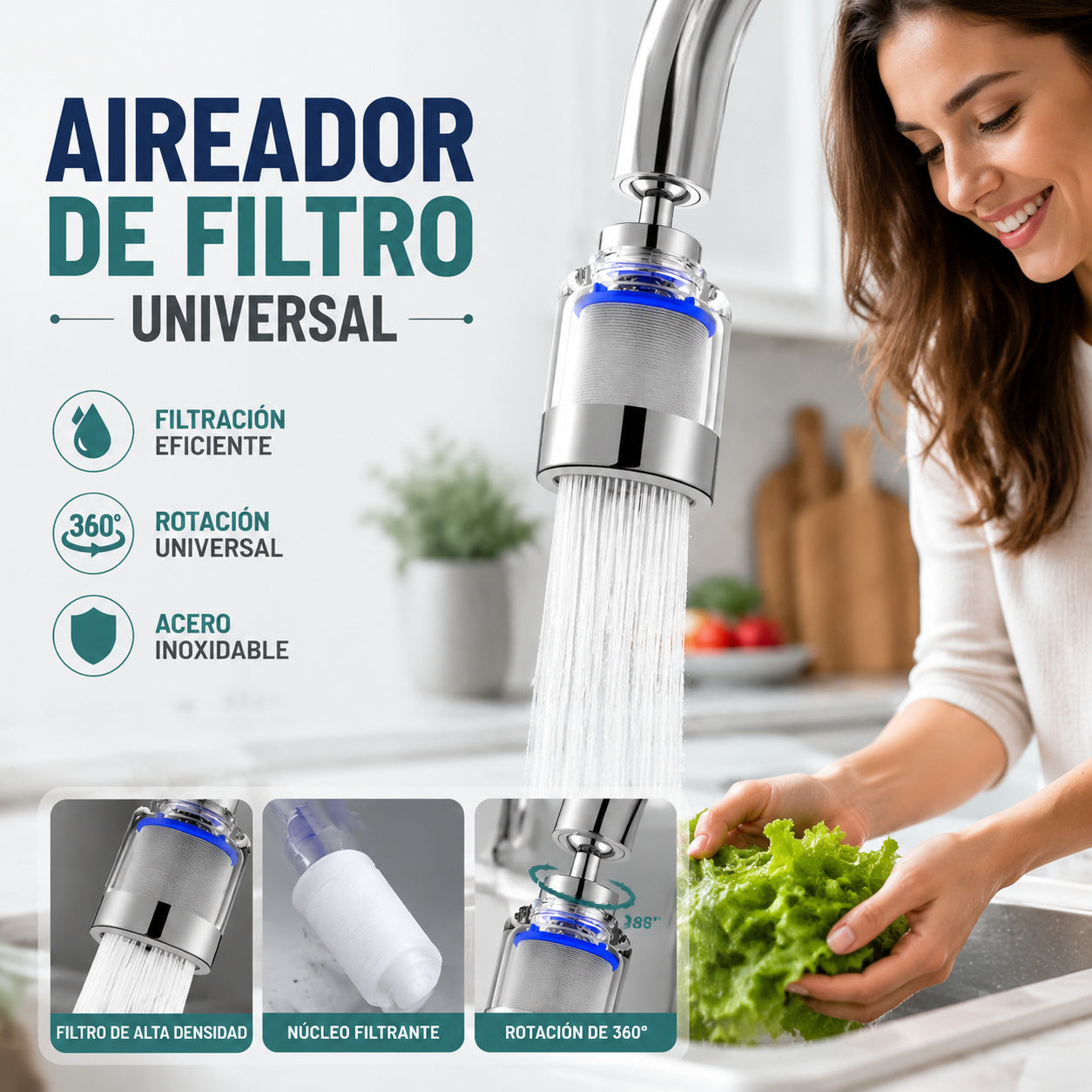 【Compra 1 y llévate 1 gratis 】Purificador de agua para grifo giratorio 360° (Conector de acero inoxidable)