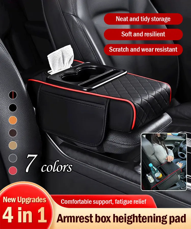 Univerzálna kožená podložka na lakťovú opierku do auta 4 v 1 ✅ Vstavaná schránka na vreckovky ✅ Držiak pohára