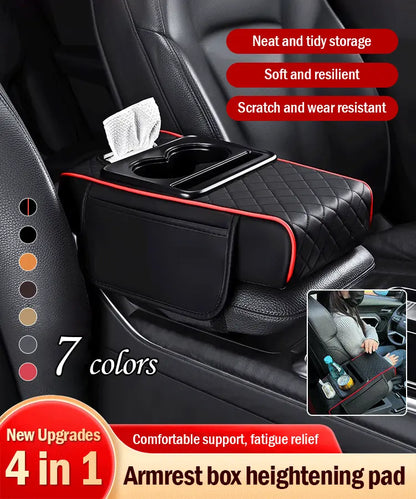 Univerzálna kožená podložka na lakťovú opierku do auta 4 v 1 ✅ Vstavaná schránka na vreckovky ✅ Držiak pohára