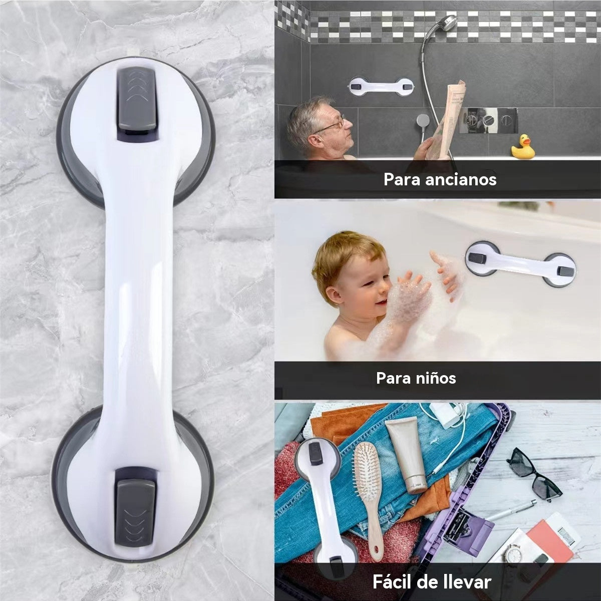 🔥Pasamanos de baño con ventosa multifuncional, no es necesario perforar agujeros, no es necesario instalar, fácil de usar.