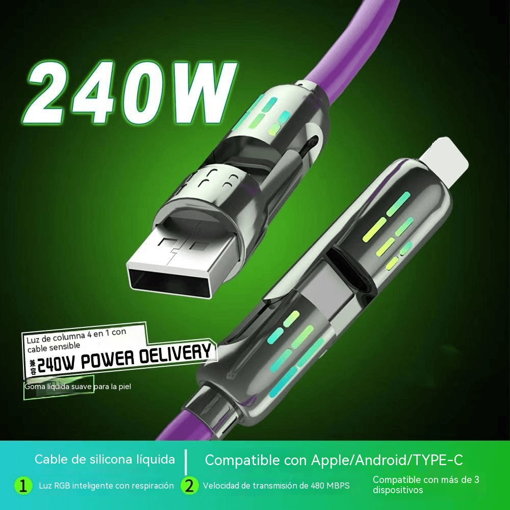 🔥 【2 unidades por 24 euros】 🔥 (1 metros de largo) Cable 4 en 1 PD 240 W – Carga rápida USB‑C, Lightning y USB‑A, aluminio y silicona, sincronización de datos ⚡📱