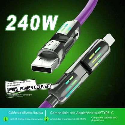 🔥 【2 unidades por 24 euros】 🔥 (1 metros de largo) Cable 4 en 1 PD 240 W – Carga rápida USB‑C, Lightning y USB‑A, aluminio y silicona, sincronización de datos ⚡📱