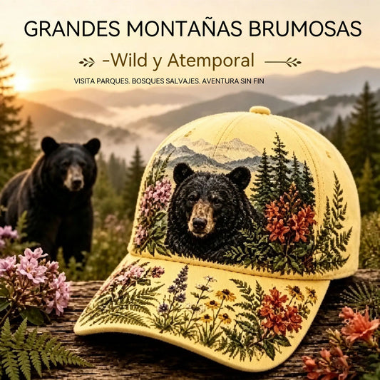 🛍️ Edición retro especial: Gorra de verano con temática de las "Grandes Montañas Humeantes" ✨ Diseño especial con oso negro y flores silvestres | Gorra de béisbol ajustable, estilo vintage para exteriores