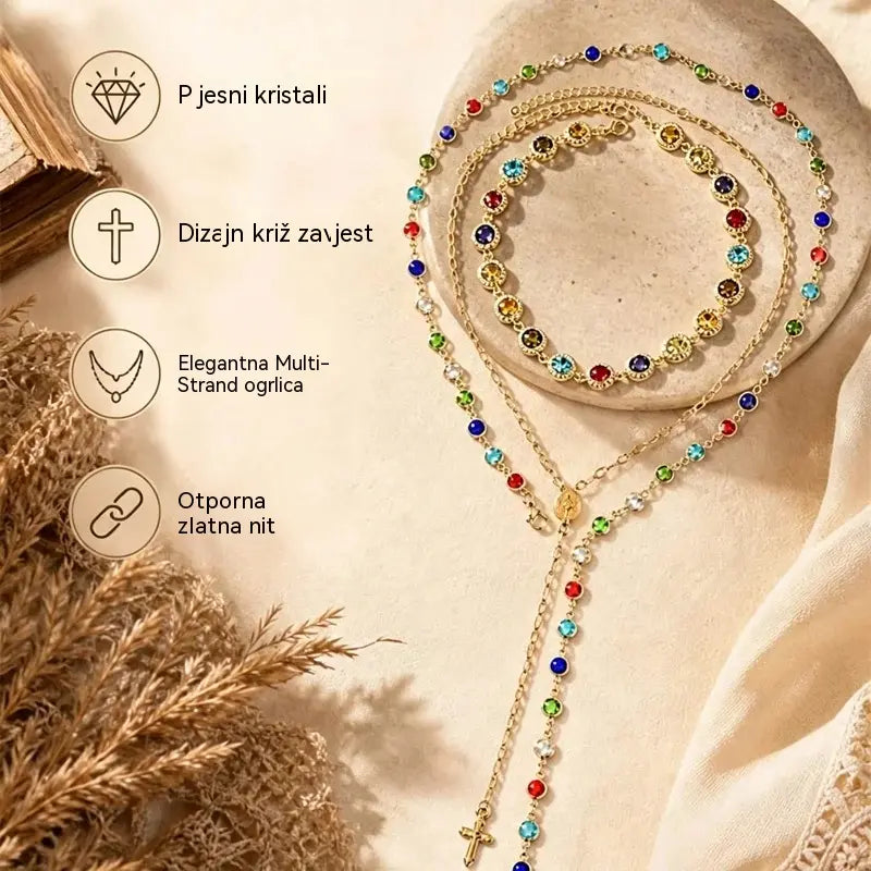 ✨ Višeslojna ogrlica s križem i šarenim kamenjem za žene | Elegantni boemski nakit, modni dodatak sa šarmom i zaštitom ✨
