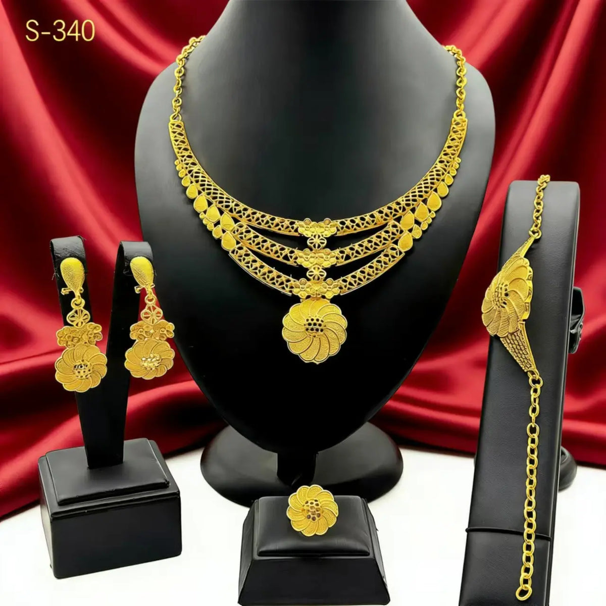 ✨ Juego de joyas nupciales chapadas en oro de 24 quilates estilo indio de Dubái: collar, pulsera, anillo y pendientes para mujer.