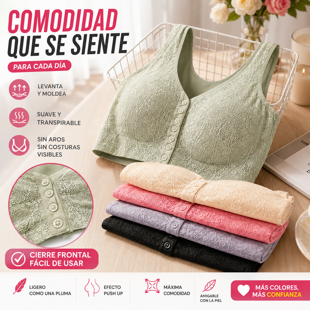 😍【Compra 1 y llévate 1 gratis】❤️【40-100 kg】2026 Nuevo sujetador de cierre frontal sin aros para mujer, tirantes sin costuras, push-up y antiflacidez