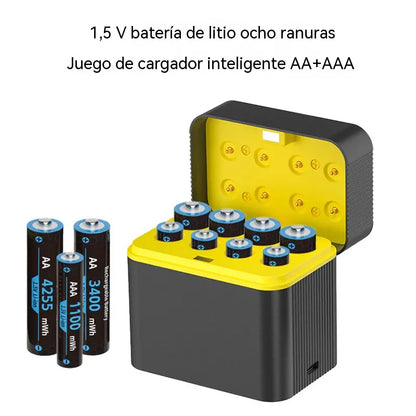 Estuche de carga para baterías de litio AA/AAA, carga por USB tipo C, protecciones múltiples, baterías recargables ecológicas.