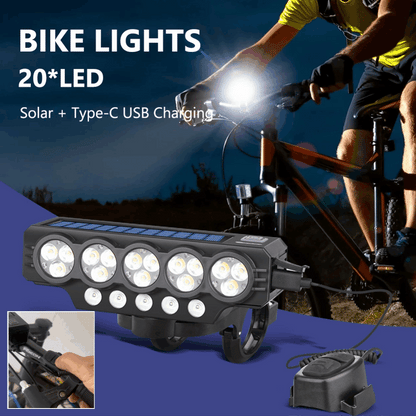 Faro solar para bicicleta con carga USB y altavoz, 900 lúmenes, luz nocturna de larga duración para ciclismo