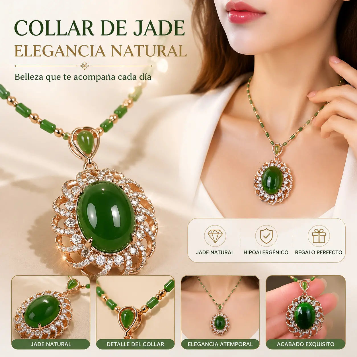 Un elegante collar de jade natural para mujer, con un colgante en forma de flor y cristales brillantes; un accesorio elegante y a la moda.