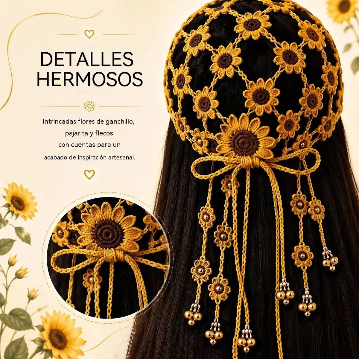 🌻🧶 Gorra de Ganchillo con Girasol para Mujer | Gorra Boho Calada de Verano con Borlas Decorativas