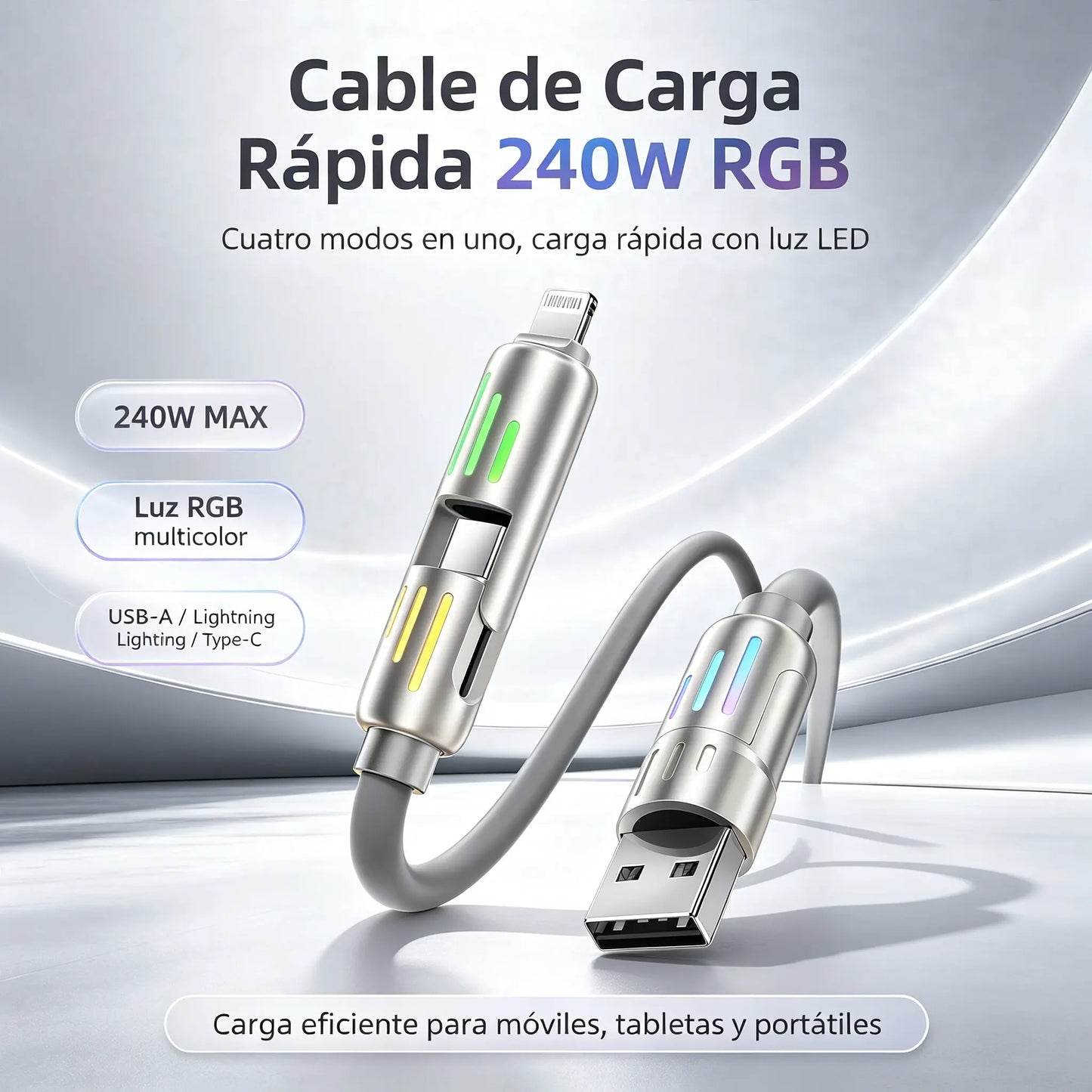 🔥 【2 unidades por 26 euros】 🔥 (2 metros de largo) Cable 4 en 1 PD 240 W – Carga rápida USB‑C, Lightning y USB‑A, aluminio y silicona, sincronización de datos ⚡📱