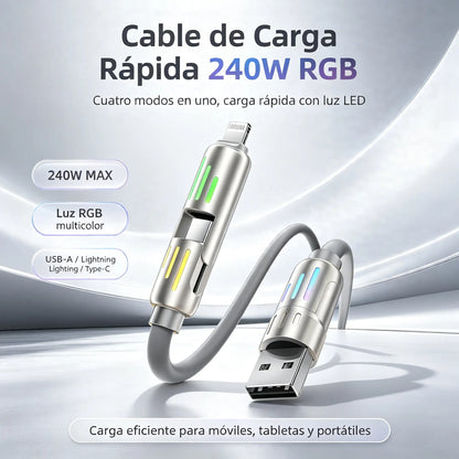 🔥 【2 unidades por 26 euros】 🔥 (2 metros de largo) Cable 4 en 1 PD 240 W – Carga rápida USB‑C, Lightning y USB‑A, aluminio y silicona, sincronización de datos ⚡📱
