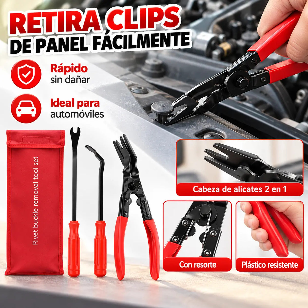Juego de 3 piezas: Alicates para extraer clips de presión hacia abajo para automóviles, herramientas para extraer e instalar clips.