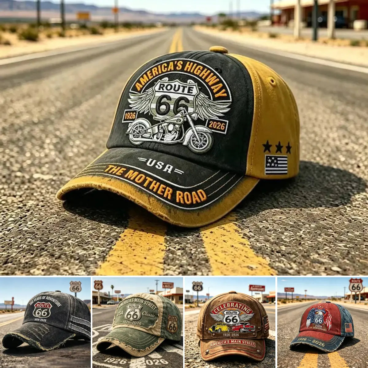 Nastavljiva retro baseball kapa Route 66, odlična izbira za ljubitelje kolesarjenja.
