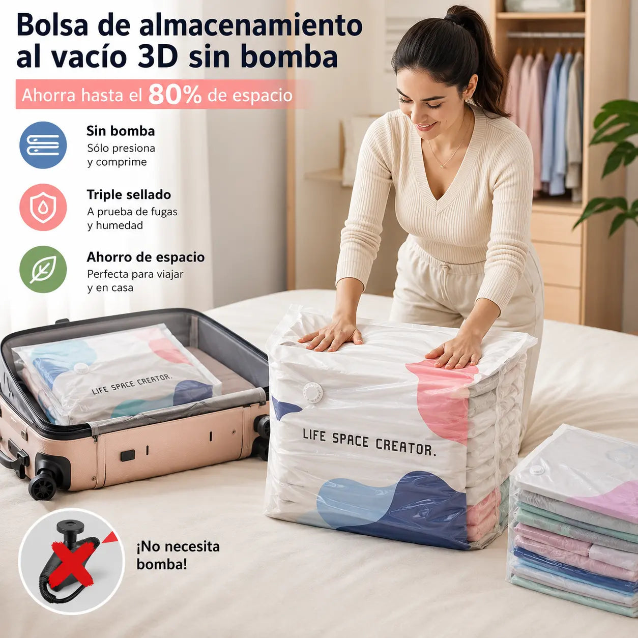 🧳【Juego de 5 piezas】💨 Bolsa de almacenamiento al vacío grande y compresible: no requiere bomba, es a prueba de fugas e ideal para ahorrar espacio en maletas y en casa ✈️