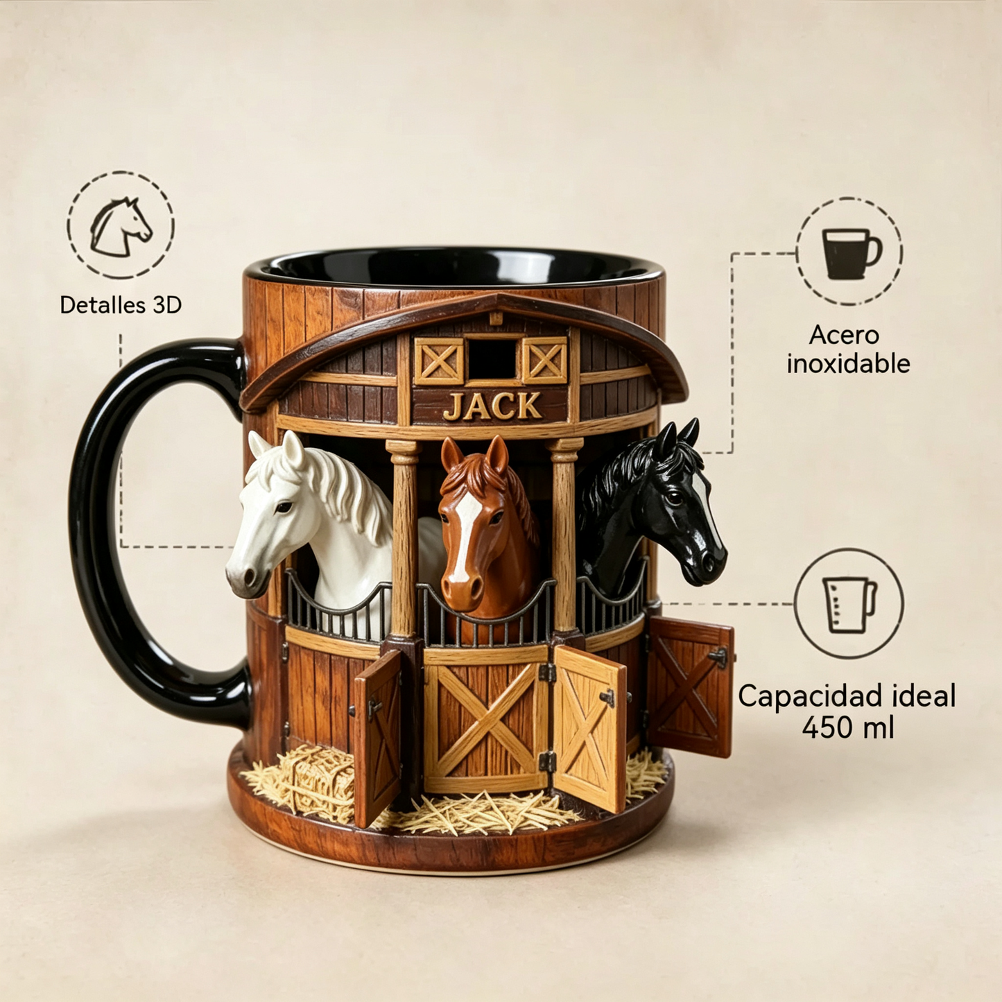 ☕Taza de café 3D con temática de granja y establo, taza de acero inoxidable con relieve tridimensional, regalo ideal para amantes de los caballos.