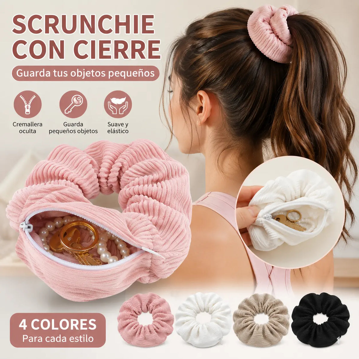 【3 pieza】Nueva goma para el pelo plisada con cremallera y bolsillo de almacenamiento oculto--Uno de cada color