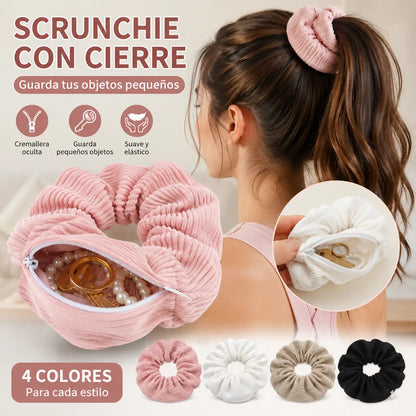 【3 pieza】Nueva goma para el pelo plisada con cremallera y bolsillo de almacenamiento oculto--Uno de cada color