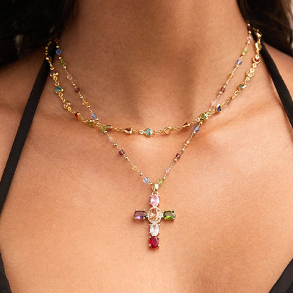 👍🥰🥰 Oferta: compra uno y llévate otro gratis. Collar con cruz de circonitas de colores. Incluye un precioso joyero.