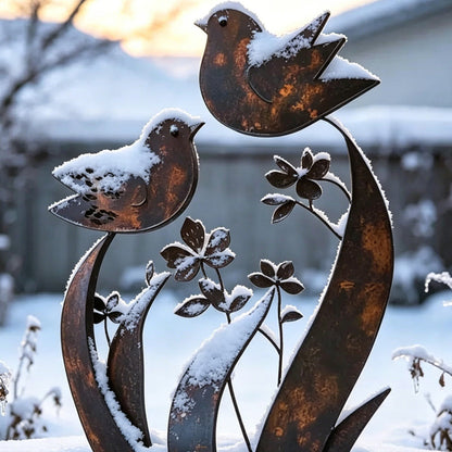Estaca de metal rústica para jardín con diseño de pájaros y flores