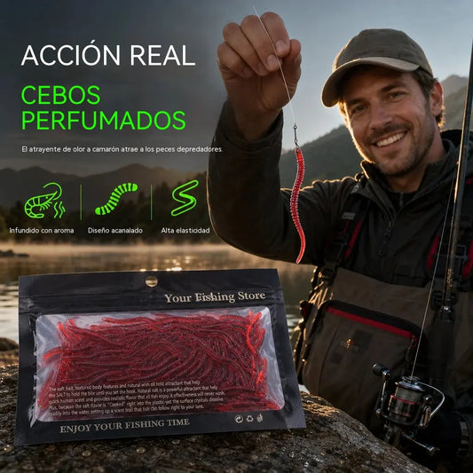 📢📢 ¡Paquete de 100 unidades! ¡Oferta a mitad de precio! ⏰ Señuelos blandos realistas con forma de lombriz (con aroma a camarón), aptos para pesca tanto en agua dulce como salada.
