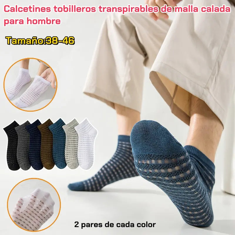 [Compra 7 y llévate 7 gratis] [14 pares] Calcetines tobilleros transpirables de malla calada para hombre - 2 pares de cada color