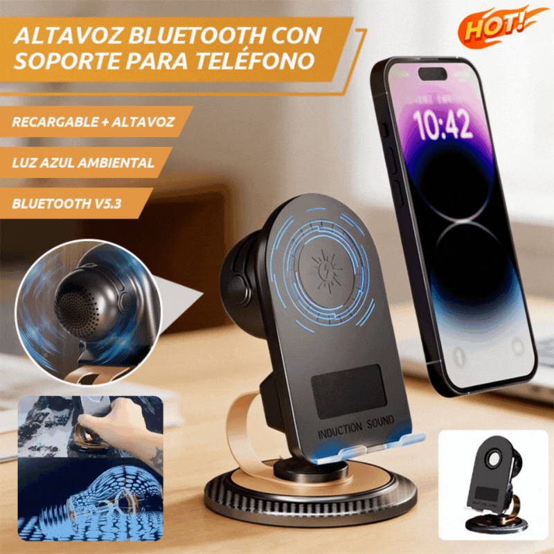 Altavoz Bluetooth 5 en 1 con carga inalámbrica y soporte ajustable para teléfono