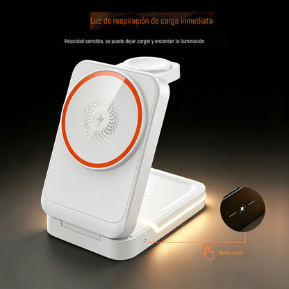 ⚡🧲 Nuevo cargador inalámbrico magnético 3 en 1 compatible con dispositivos Apple e incorpora iluminación ambiental.