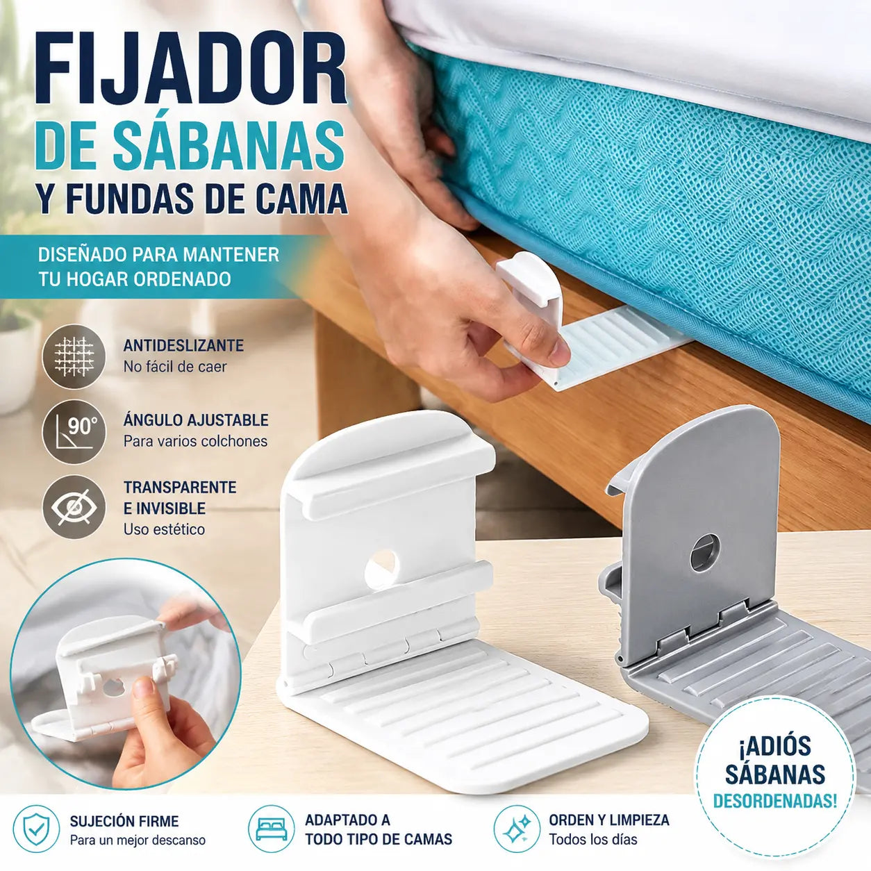 2 juegos, 4 piezas por juego-26€-Sujetadores de sábanas: clips antideslizantes, invisibles y sin agujas que fijan las sábanas y las sábanas bajeras por las esquinas para evitar que se muevan.