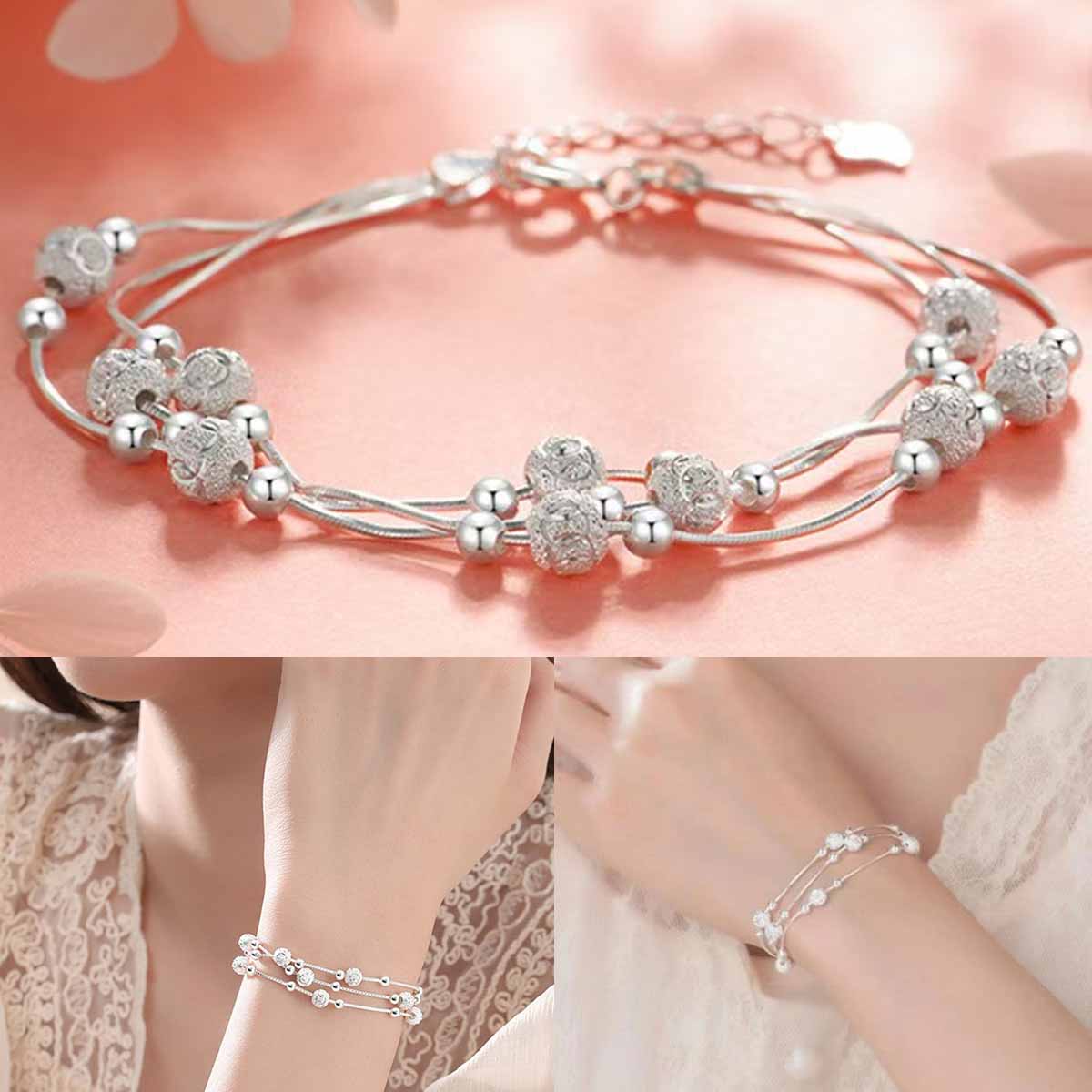 ✨✨Pulsera de cuentas de la suerte de plata 999 con diseño grabado