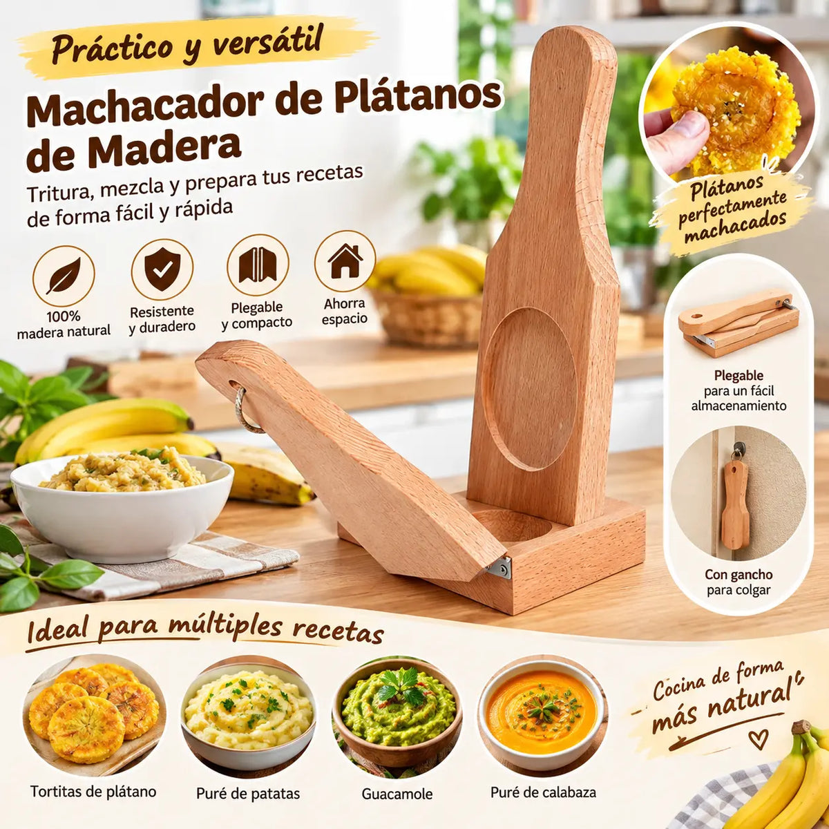 🍌 Prensa 2 en 1 de madera para tostones y plátanos