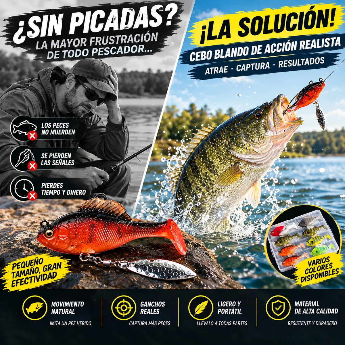 🔥【Juego de 6 piezas-6 colores】🐟Cebo blando para peces/señuelo artificial, para lanzamiento a larga distancia, antienganches, con cola en T y peso de plomo.
