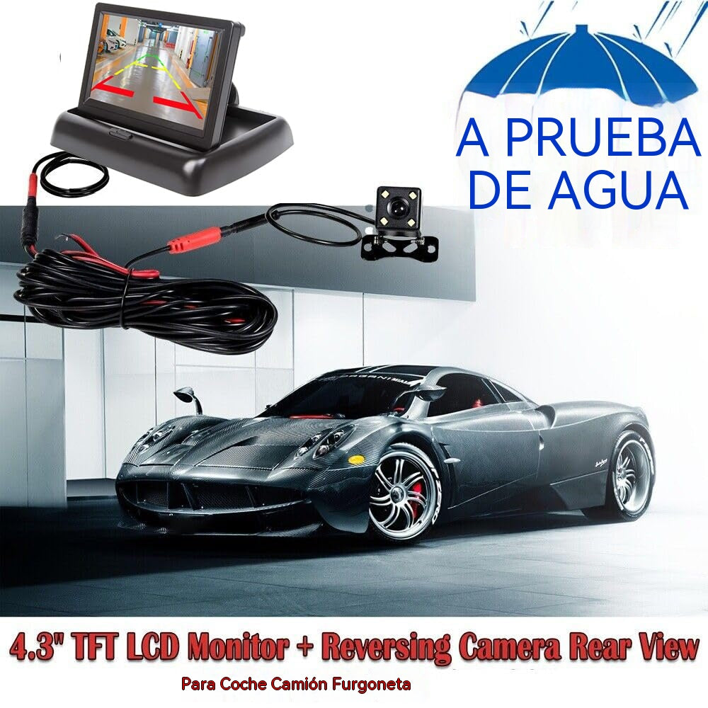 【Kit completo】Pantalla plegable de 4,3 pulgadas para cámara de marcha atrás para coche — [Pantalla para cámara de marcha atrás + Cámara + Cable de conexión]