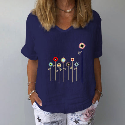 【50% DE DESCUENTO】【Tallas S-5XL】Camiseta de manga corta de algodón y lino con estampado floral